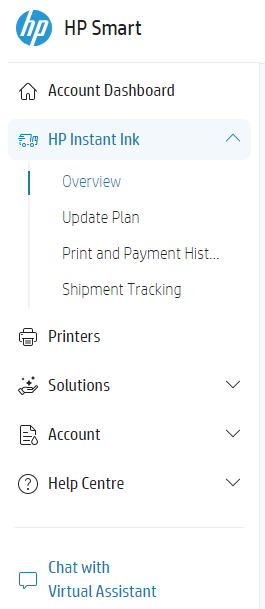 HP Instant Ink account dashboard Capture