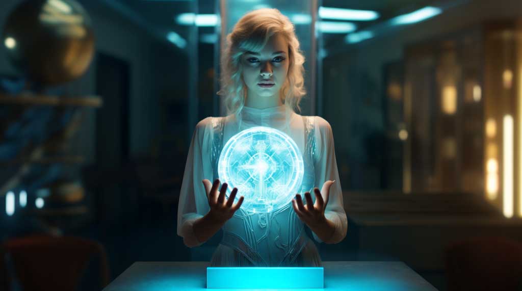 key technological advancements in projection for visual media. floating hologram in front of standing blond girl.